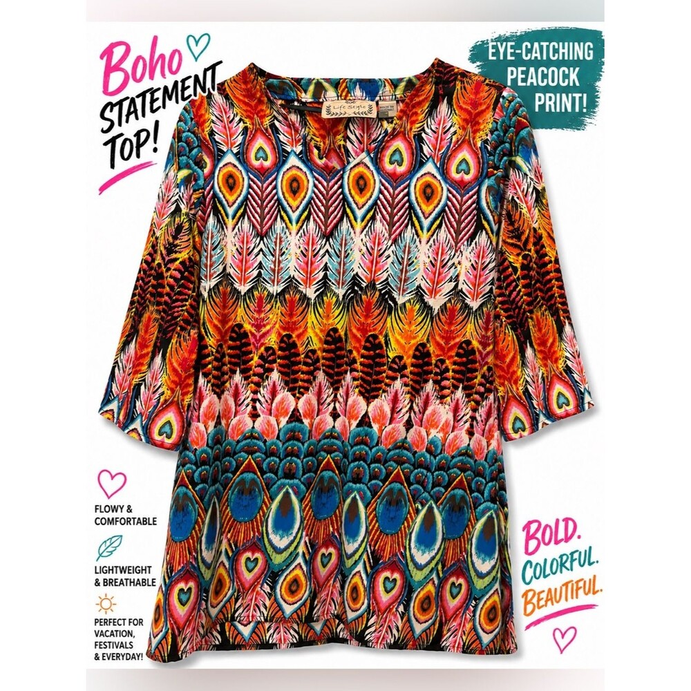Lifestyle‎ Boho Peacock Feather Tunic Small Top Colorful Statement Flowy Blouse